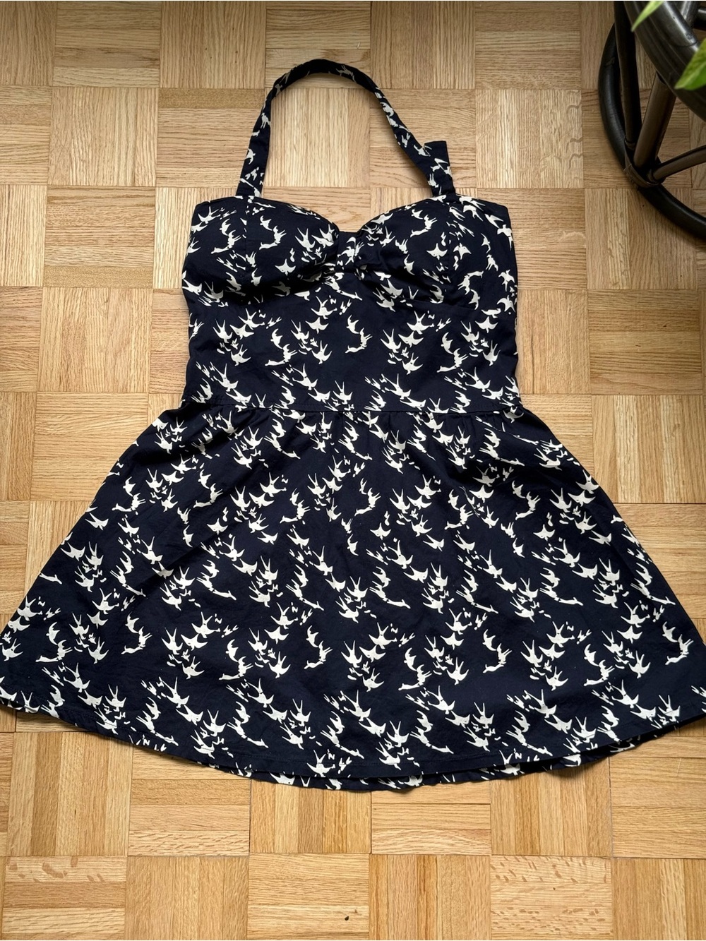 Talita Kume Swallow Bird Print Halter Dress Retro Rockabilly Blue White 42 M